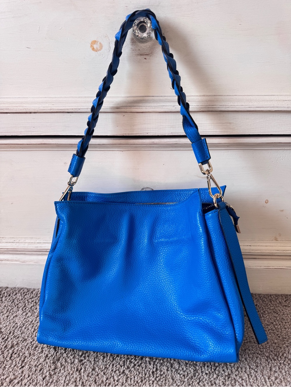 Italian Blue Leather Braided-Handle Hobo Bag - New!